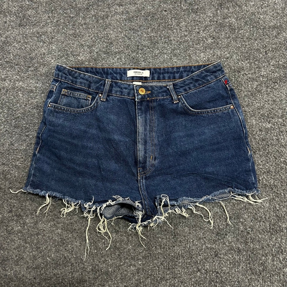 Forever 21 Shorts Womens Size 27 Blue Denim High Waisted Frayed Raw Hem Casual
